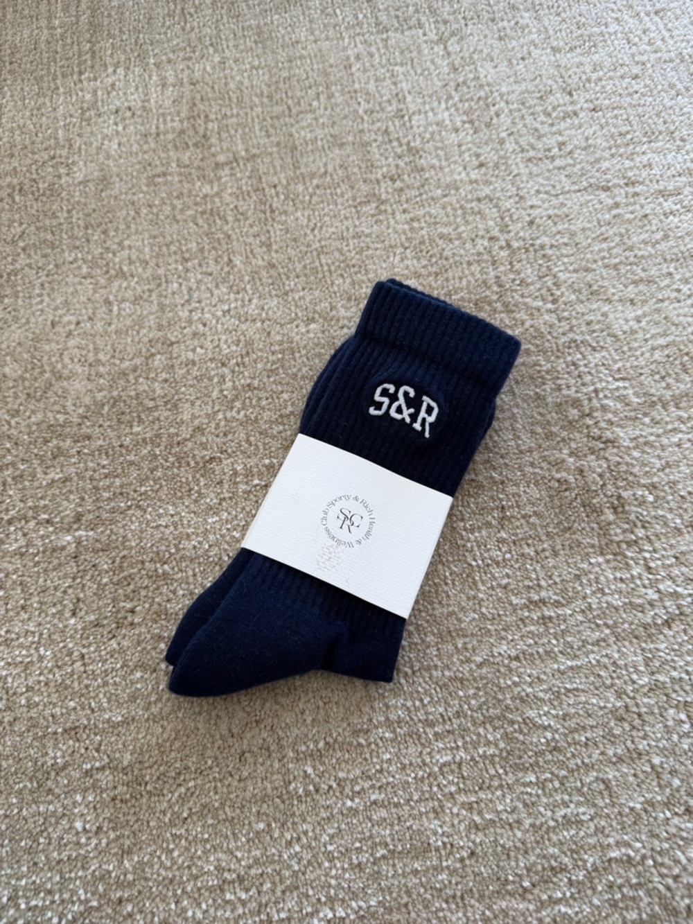 Sporty & Rich Navy Ribbed Crew Socks with White S&R Embroidery